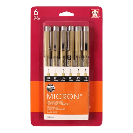 Sakura Pigma Micron Pen 6 pc set 01, 03, 05, 08, 10, 12, Black, 6PK 50058